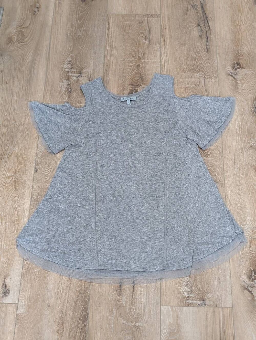 Olivia Sky Gray Cold Shoulder Tunic Top Large Mesh Trim Flutter Sleeve Blouse